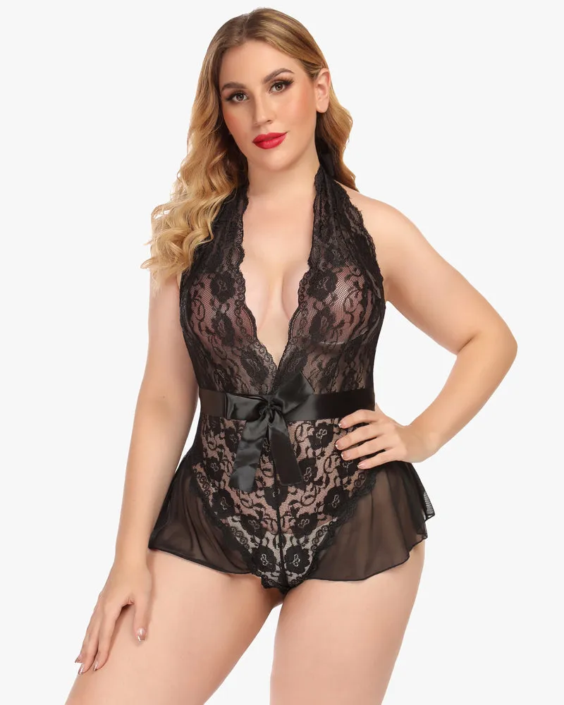 Lace Teddy Bodysuit Halter V Neck One Piece