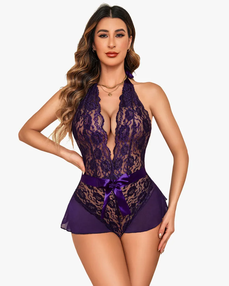 Lace Teddy Bodysuit Halter V Neck One Piece