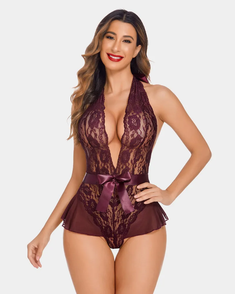 Lace Teddy Bodysuit Halter V Neck One Piece