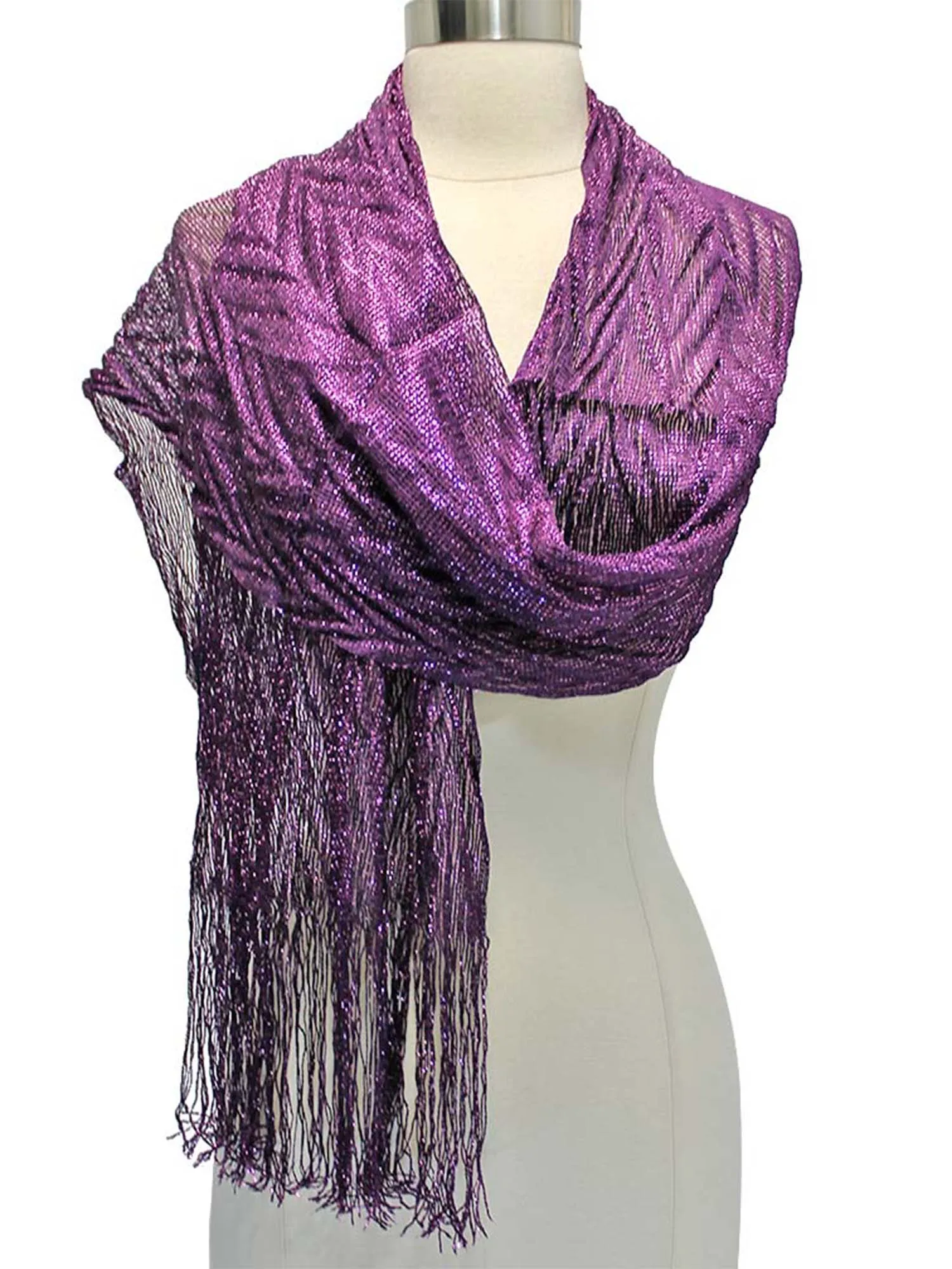 Long Metallic Evening Shawl With Fringe