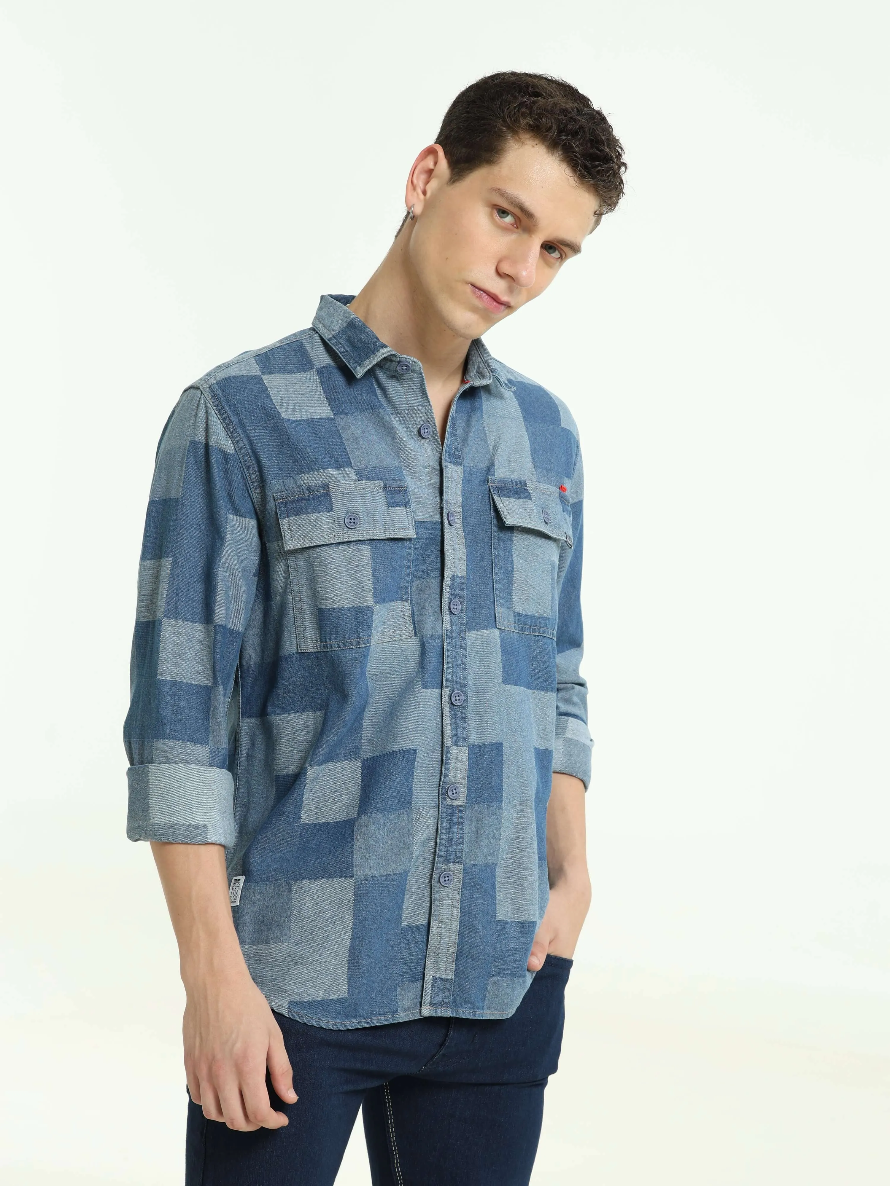 LS Denim multi blocked check shirt