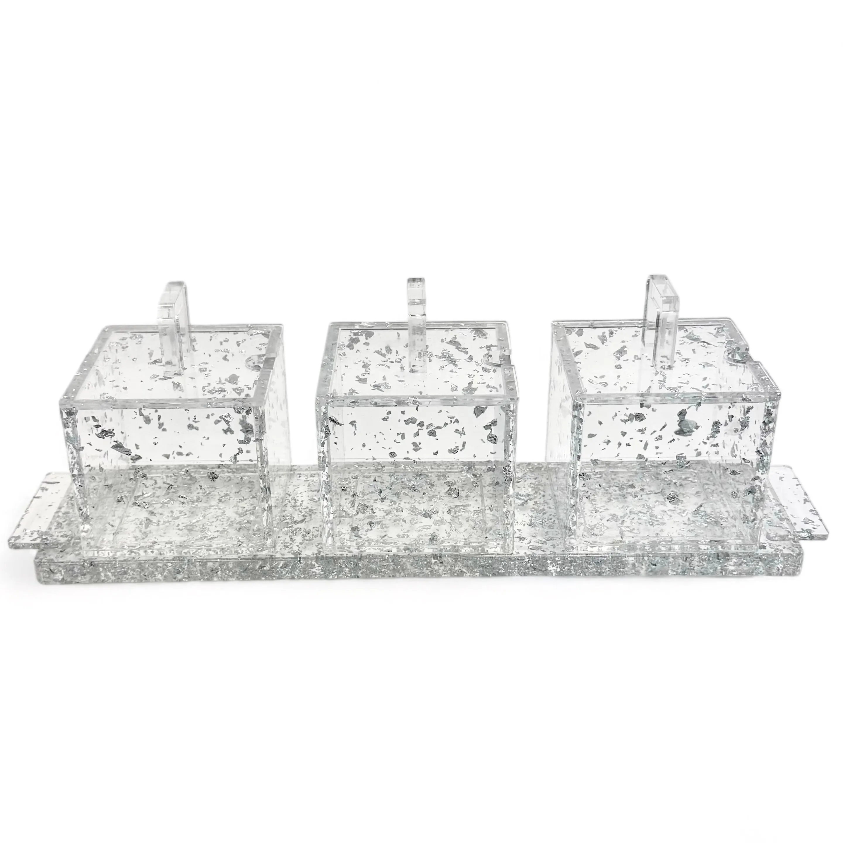 Lucite 3 Sectional Jars With Tray - Silver Flakes