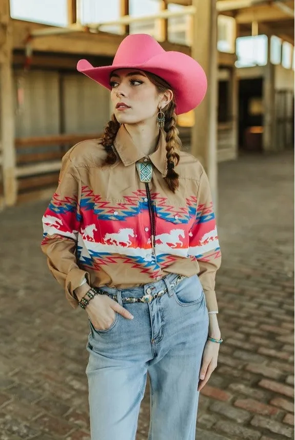 Lucky & Blessed Mocha Pink Horse Aztec Printed Button Down Top TO646-BRHRS