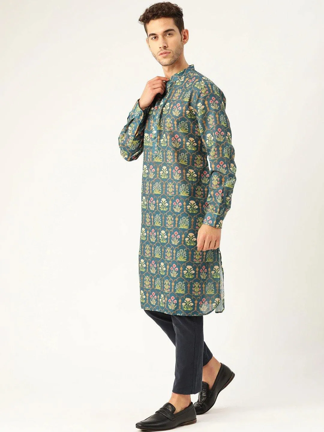 Men Teal Blue & Yellow Printed Straight Kurta