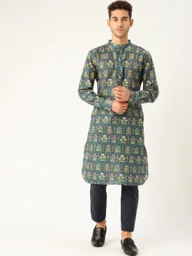 Men Teal Blue & Yellow Printed Straight Kurta