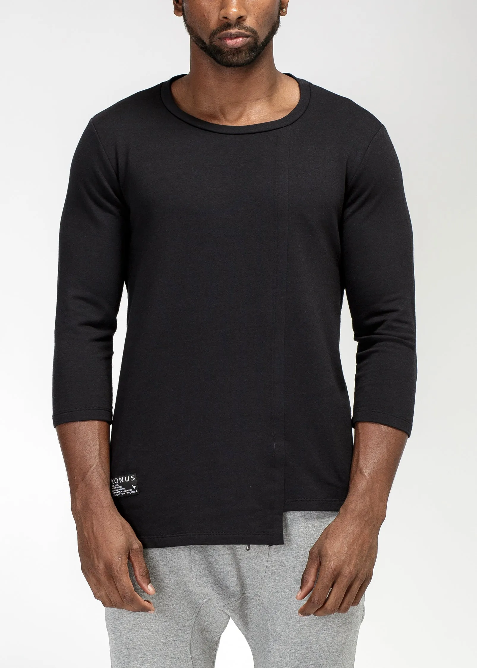 Men's 3/4 Sleeve Tee with Uneven Hem in Black