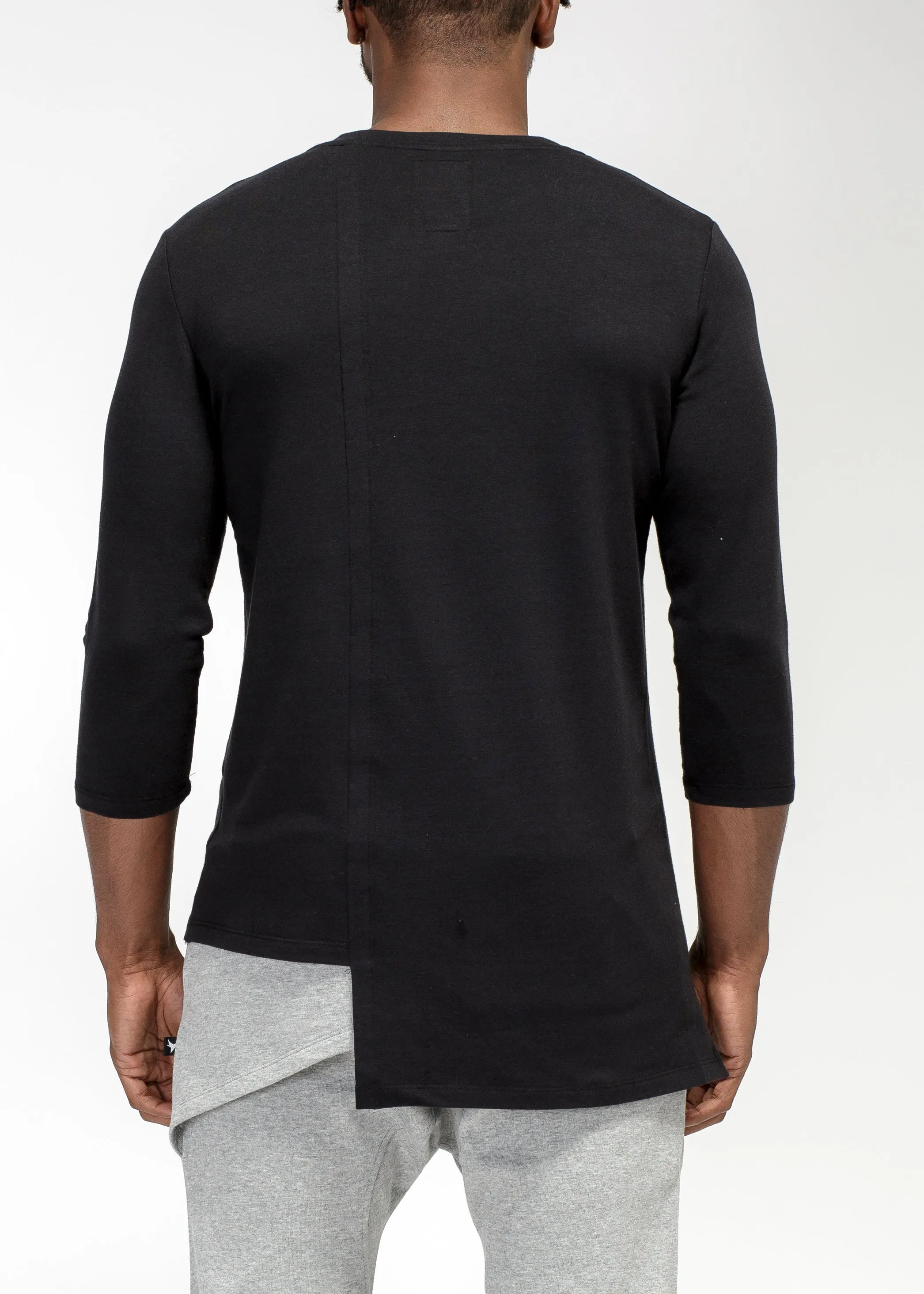 Men's 3/4 Sleeve Tee with Uneven Hem in Black