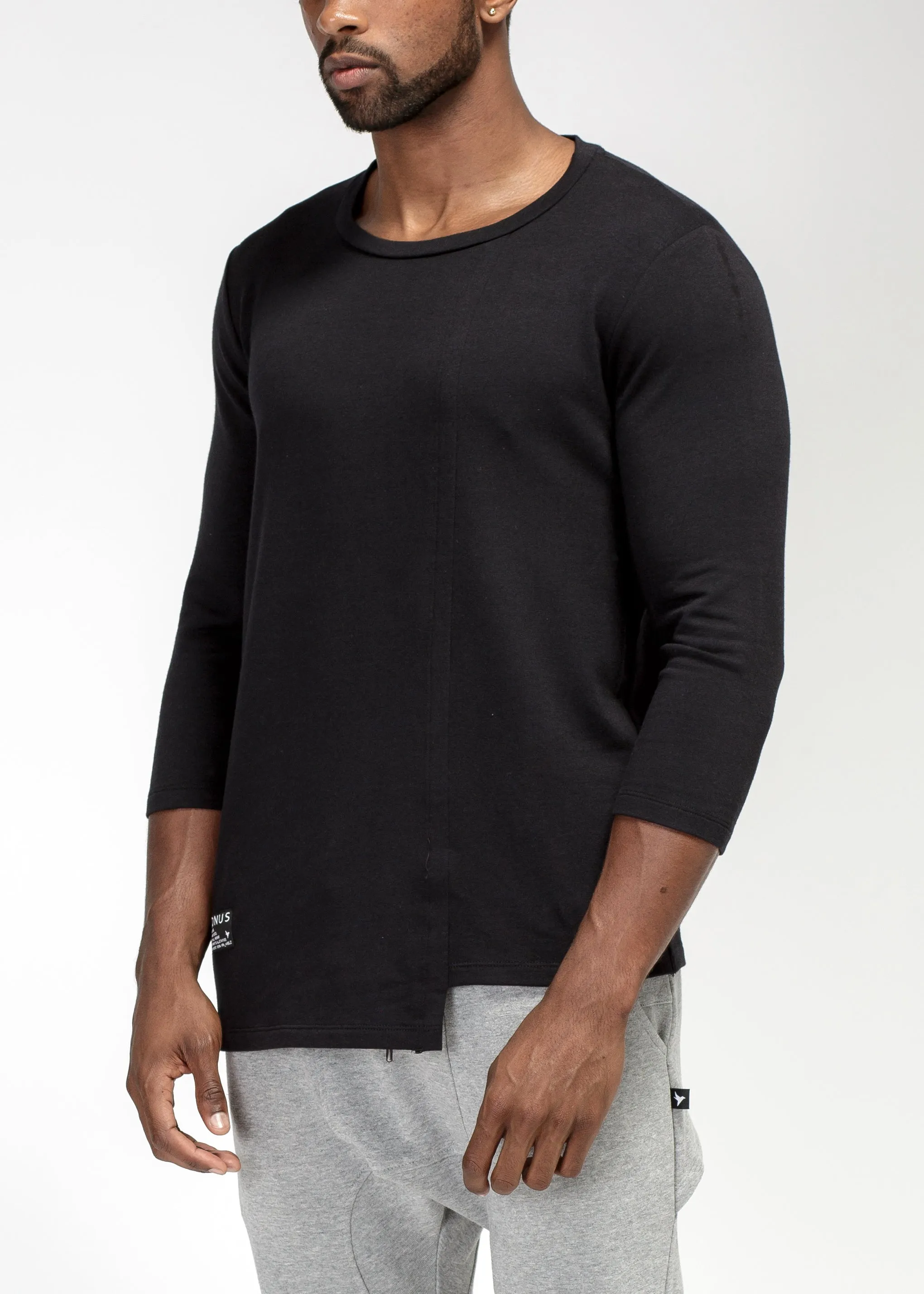 Men's 3/4 Sleeve Tee with Uneven Hem in Black