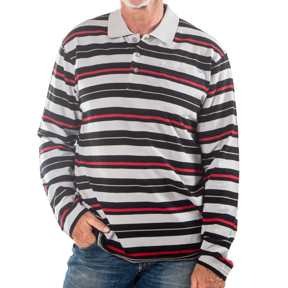 Men's Long Sleeve Gray Striped Cotton Traders Polo Shirt