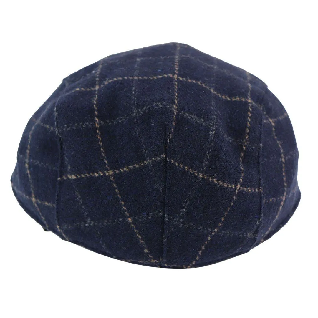 Mens Navy Blue Hat Flat Cap Herringbone Check Vintage Retro Peaky Tweed Grandad