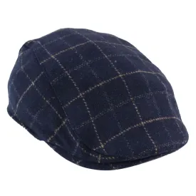 Mens Navy Blue Hat Flat Cap Herringbone Check Vintage Retro Peaky Tweed Grandad