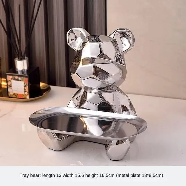 Modern Chic: Geometric Bear Statue with Tray Storage - Ceramic Plating Sculpture