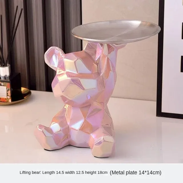 Modern Chic: Geometric Bear Statue with Tray Storage - Ceramic Plating Sculpture