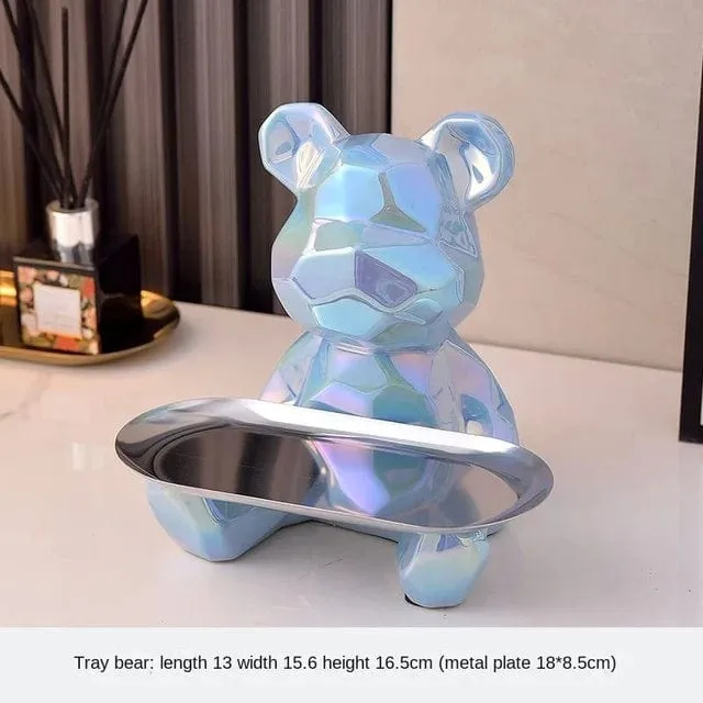 Modern Chic: Geometric Bear Statue with Tray Storage - Ceramic Plating Sculpture