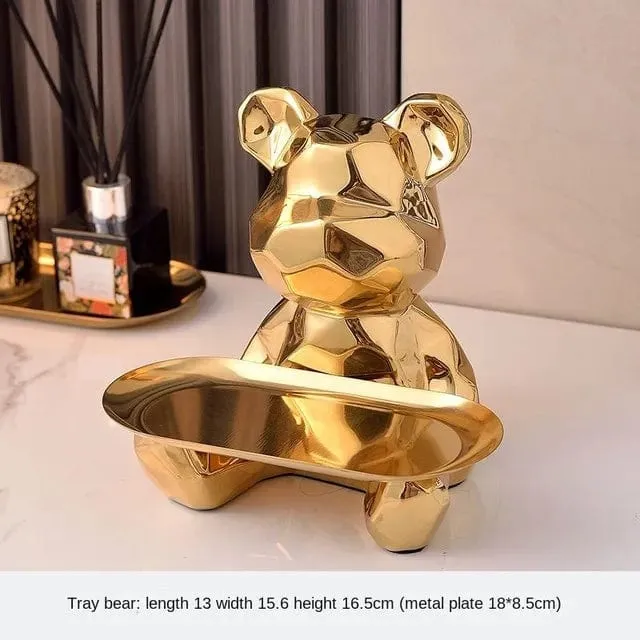 Modern Chic: Geometric Bear Statue with Tray Storage - Ceramic Plating Sculpture