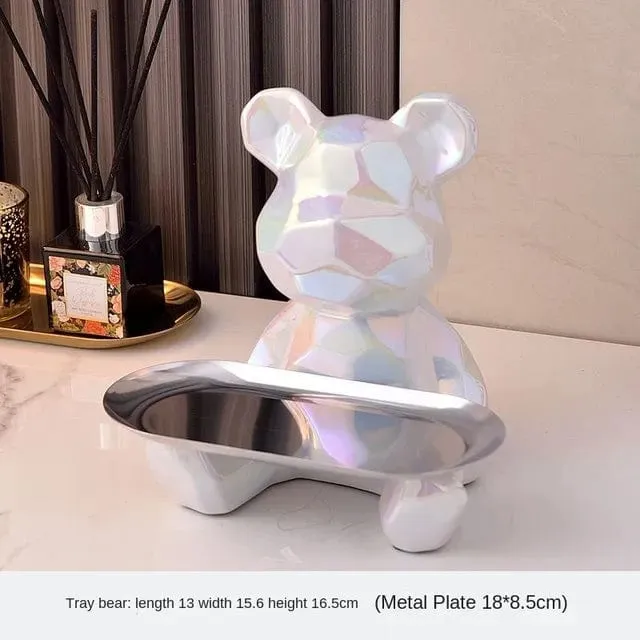 Modern Chic: Geometric Bear Statue with Tray Storage - Ceramic Plating Sculpture