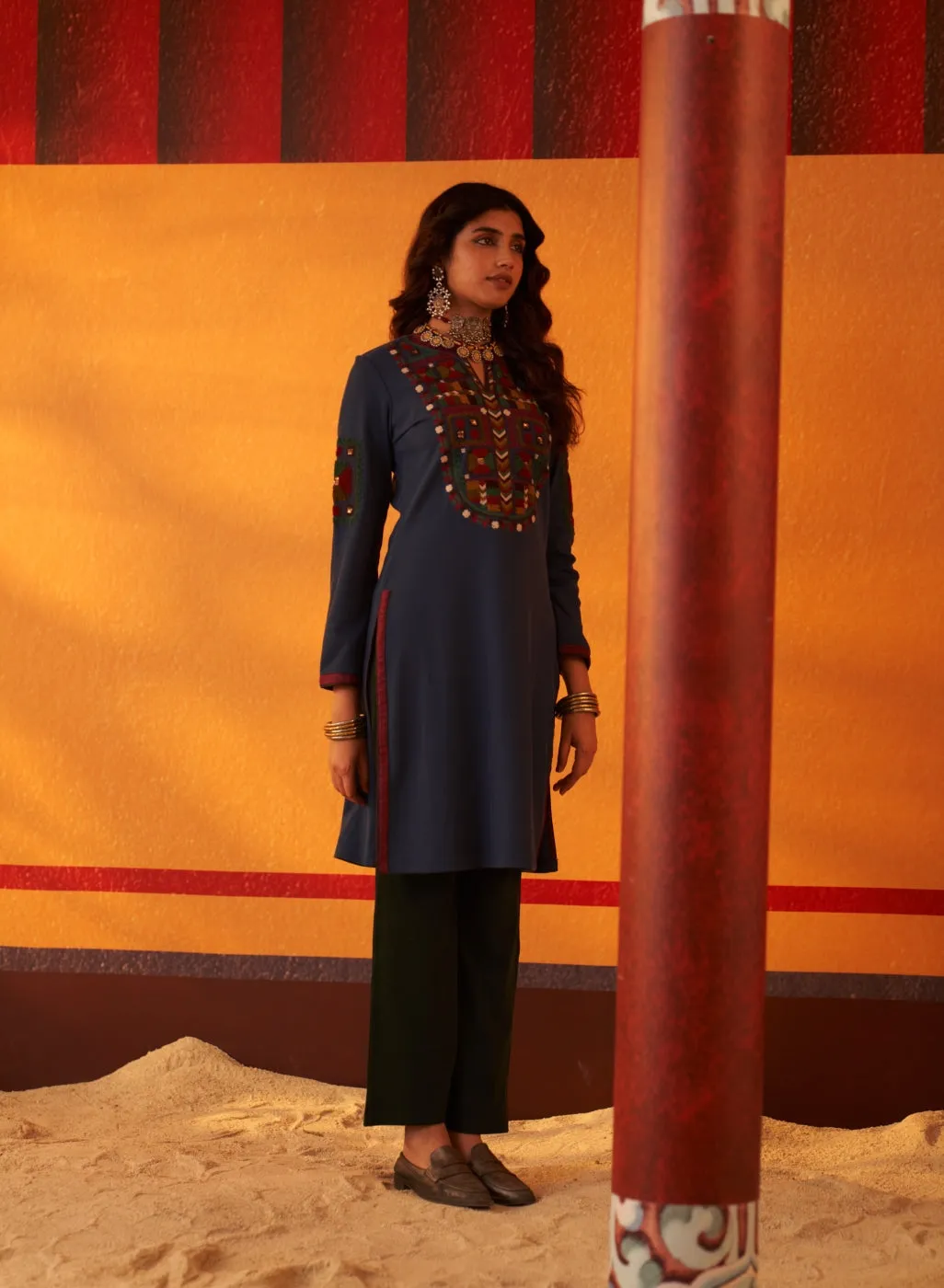 Navy Blue Woollen Kurti for Women with Thread Work and Sequins