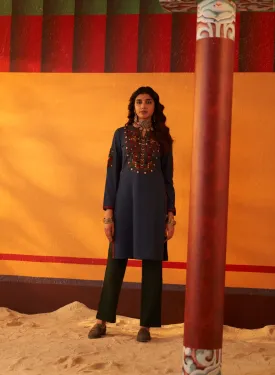 Navy Blue Woollen Kurti for Women with Thread Work and Sequins