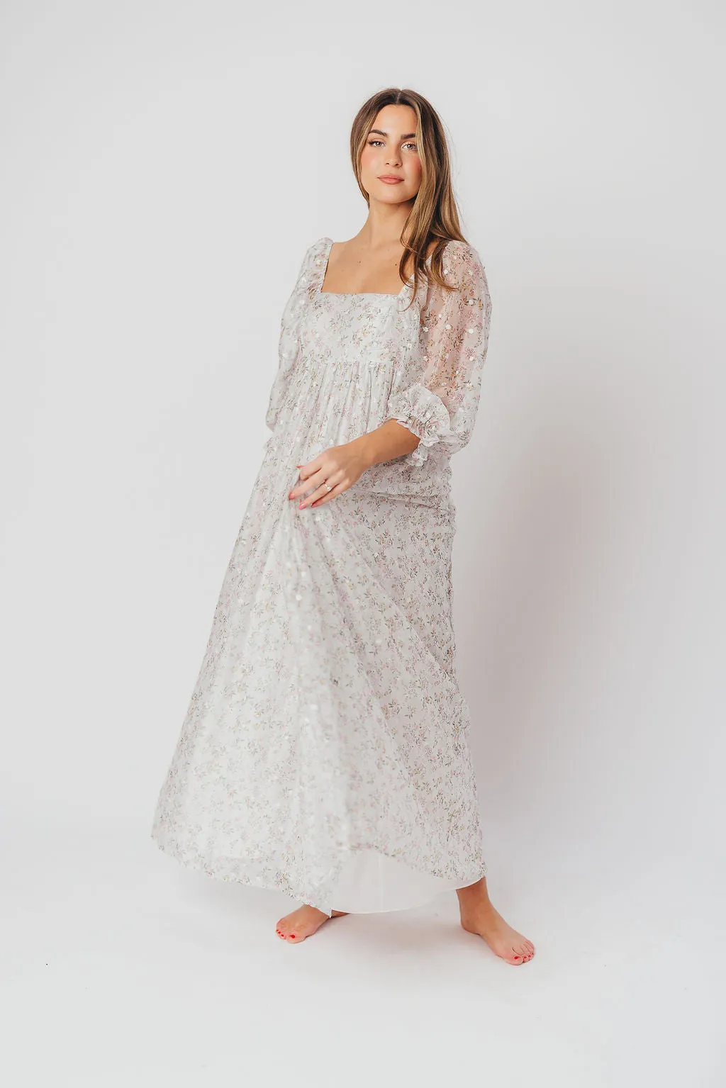 *New* Mona Maxi Dress with Smocking in Grey Floral - Bump Friendly (S-3XL)