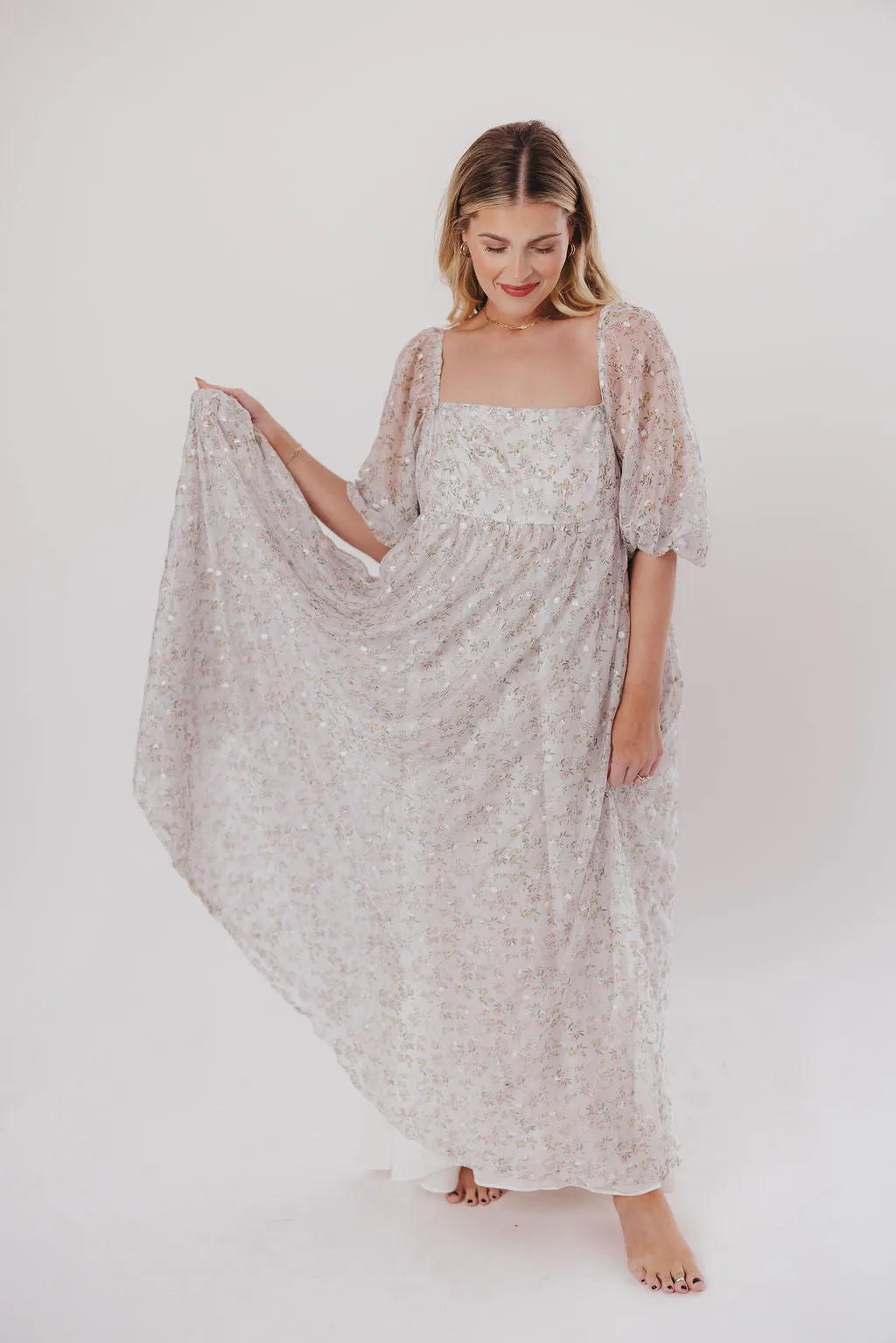 *New* Mona Maxi Dress with Smocking in Grey Floral - Bump Friendly (S-3XL)