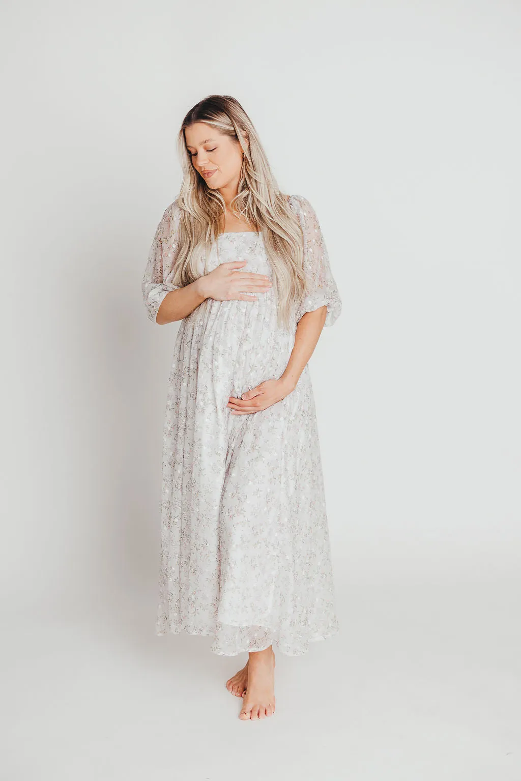 *New* Mona Maxi Dress with Smocking in Grey Floral - Bump Friendly (S-3XL)