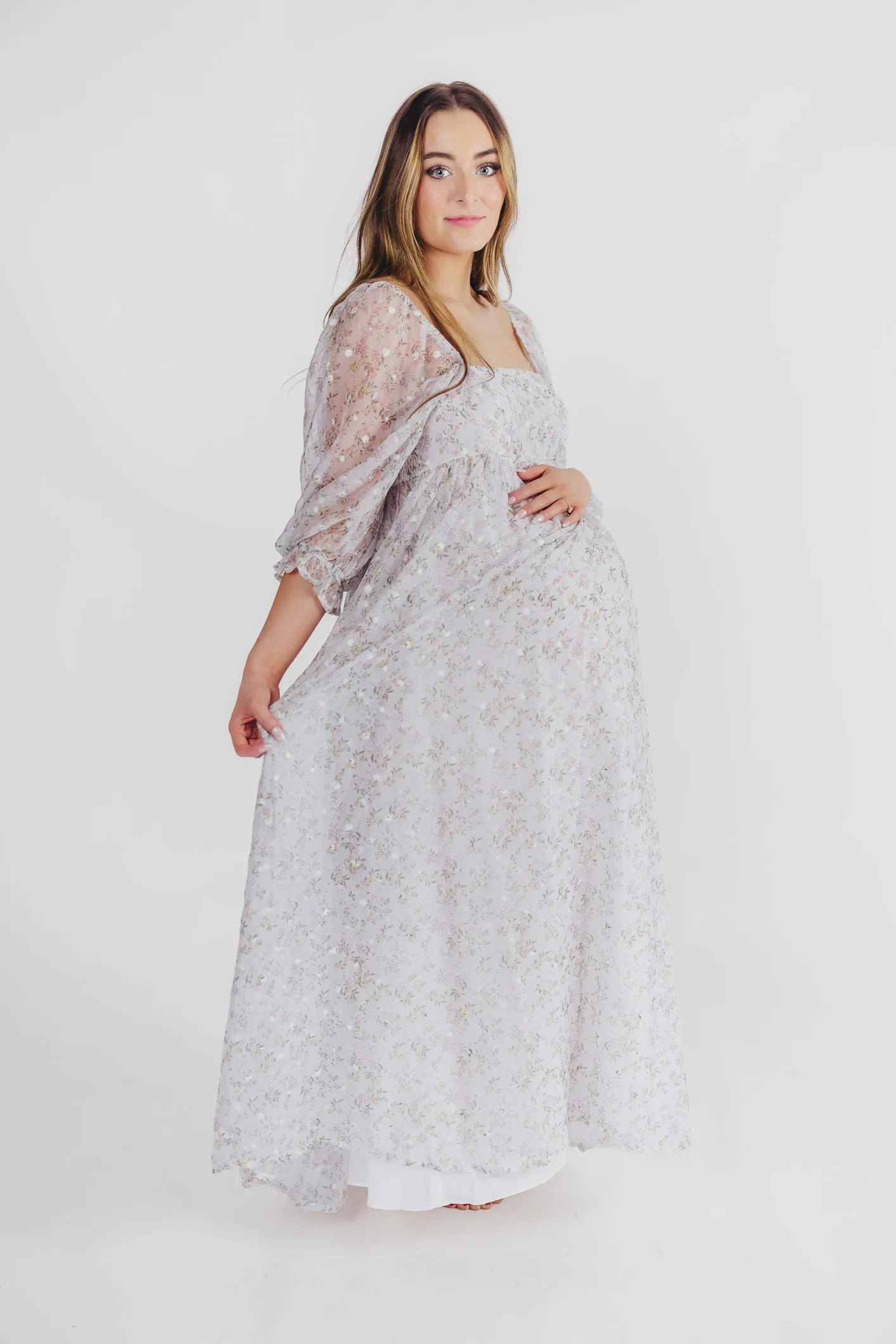 *New* Mona Maxi Dress with Smocking in Grey Floral - Bump Friendly (S-3XL)