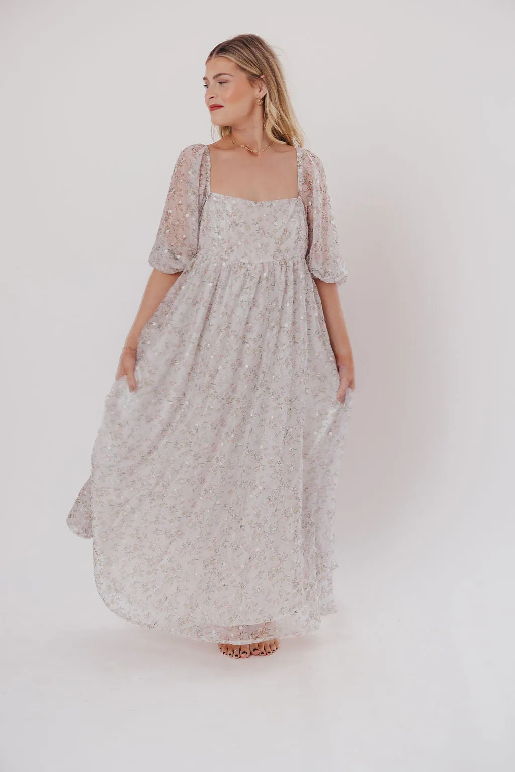 *New* Mona Maxi Dress with Smocking in Grey Floral - Bump Friendly (S-3XL)