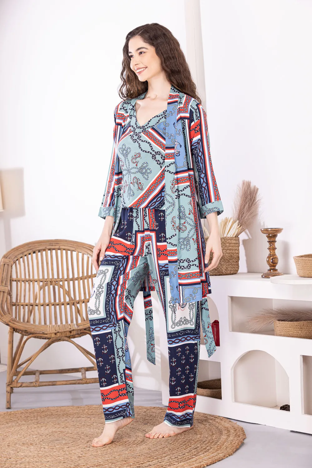 Printed Pj set with Long Robe