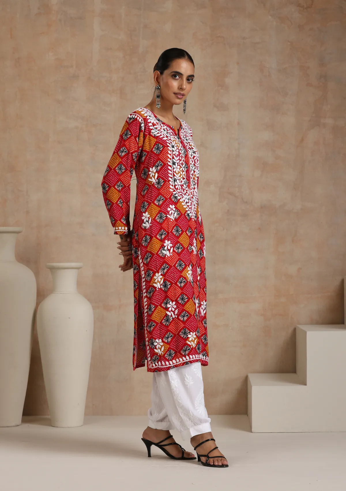 Rayon Chikankari Printed Women's Long Kurta - Red