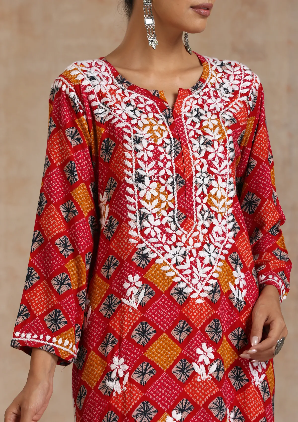 Rayon Chikankari Printed Women's Long Kurta - Red