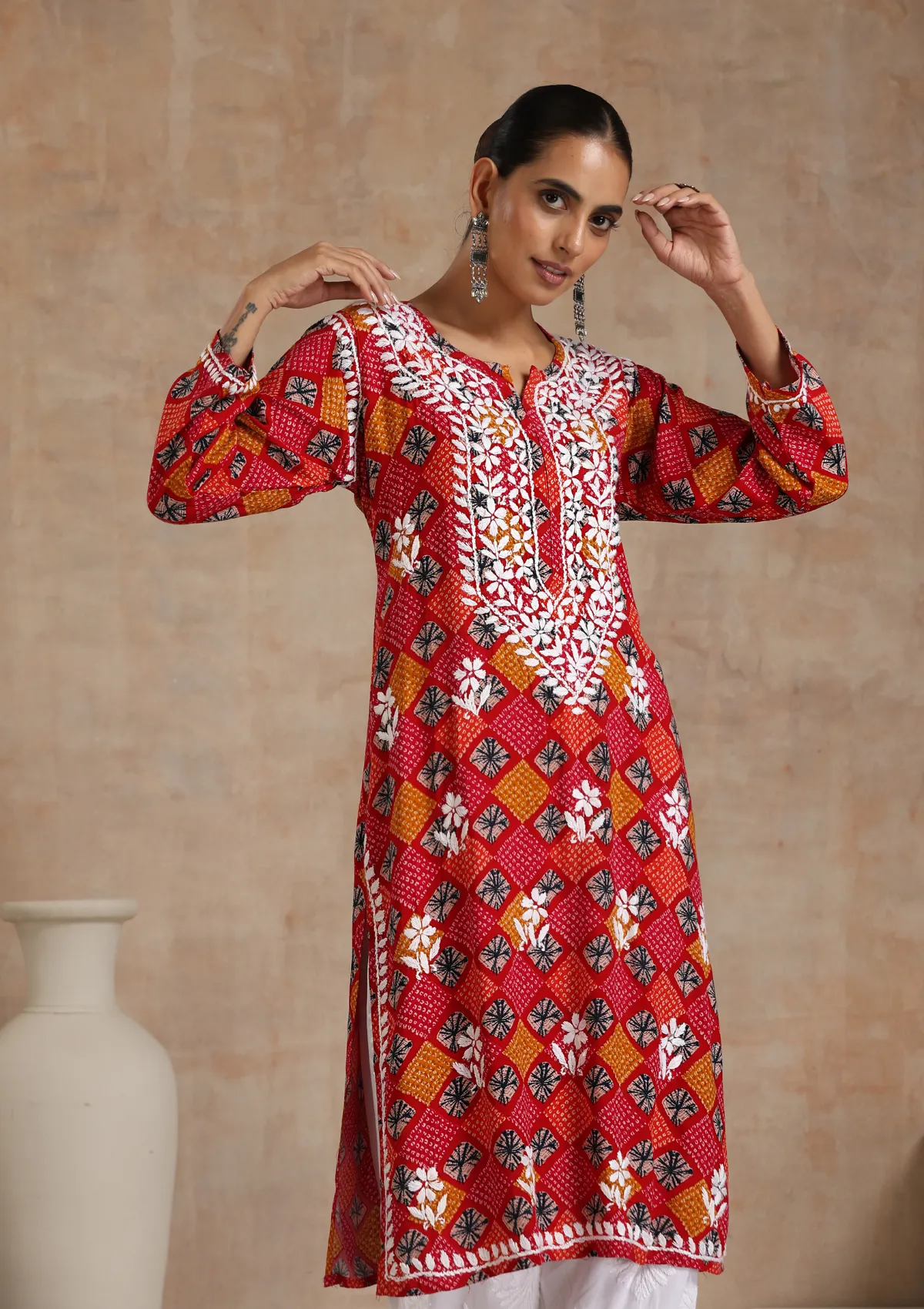 Rayon Chikankari Printed Women's Long Kurta - Red