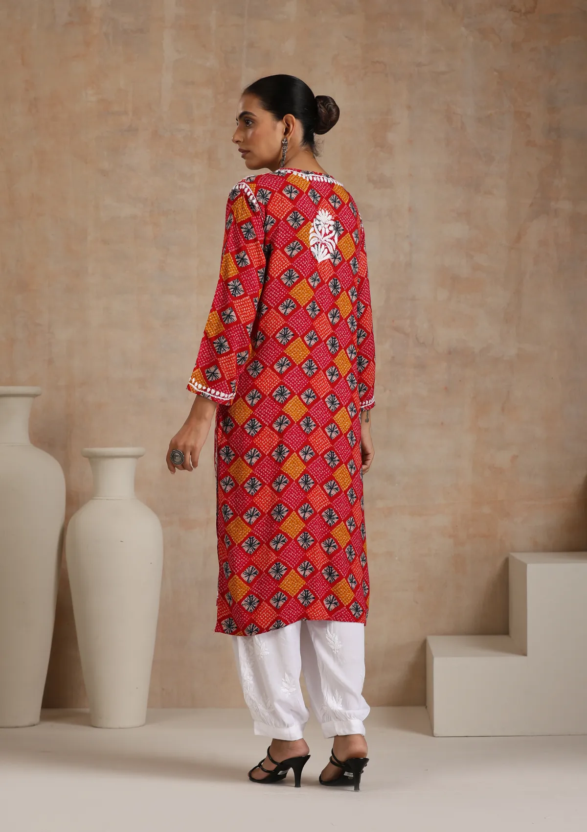 Rayon Chikankari Printed Women's Long Kurta - Red