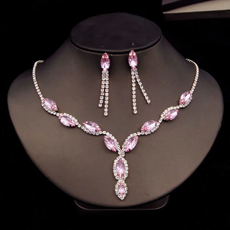 Rhinestone Jewelry Set - Earrings and Necklace in Multiple Colors, Perfect for Prom, Wedding, Engagement, and Bridesmaids