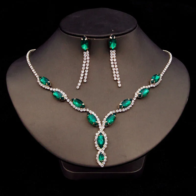 Rhinestone Jewelry Set - Earrings and Necklace in Multiple Colors, Perfect for Prom, Wedding, Engagement, and Bridesmaids