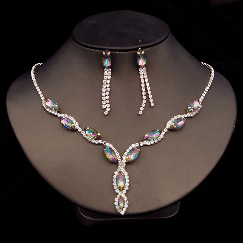 Rhinestone Jewelry Set - Earrings and Necklace in Multiple Colors, Perfect for Prom, Wedding, Engagement, and Bridesmaids