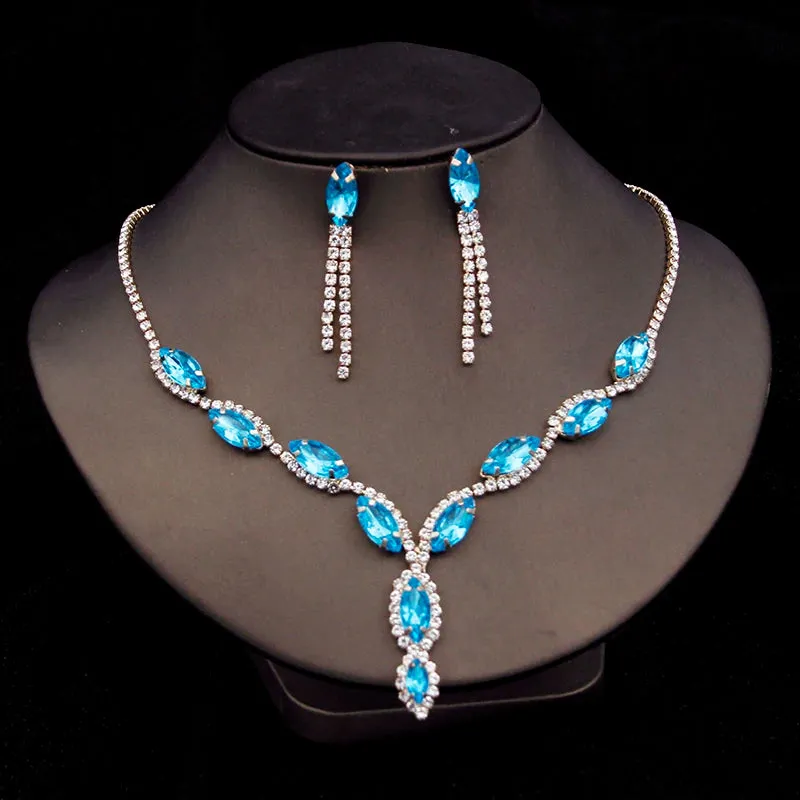 Rhinestone Jewelry Set - Earrings and Necklace in Multiple Colors, Perfect for Prom, Wedding, Engagement, and Bridesmaids