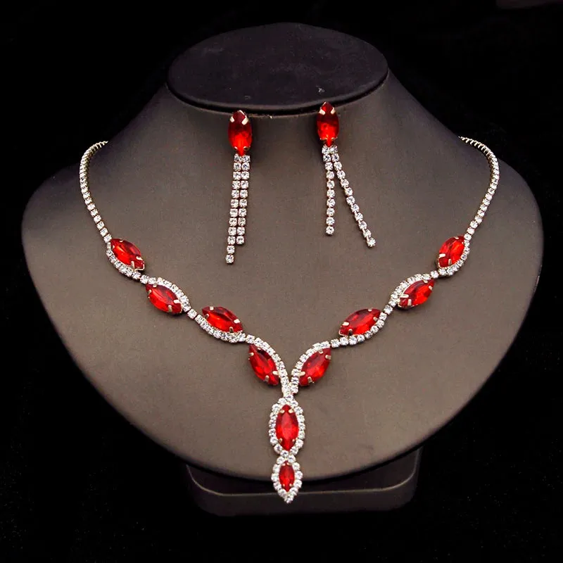 Rhinestone Jewelry Set - Earrings and Necklace in Multiple Colors, Perfect for Prom, Wedding, Engagement, and Bridesmaids