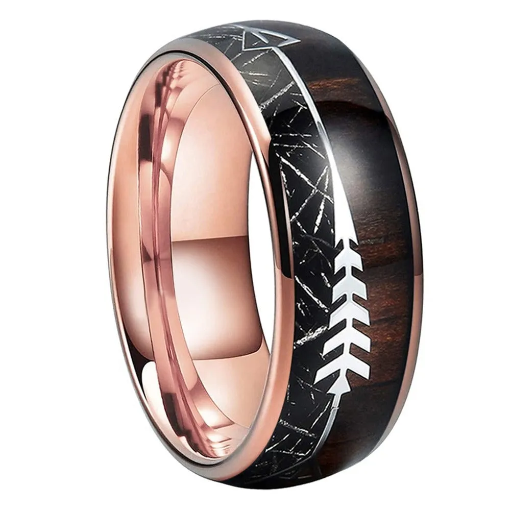 Rose Gold Tungsten Arrow Ring with Koa Wood & Black Meteorite inlay (8mm)