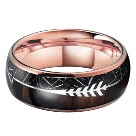 Rose Gold Tungsten Arrow Ring with Koa Wood & Black Meteorite inlay (8mm)