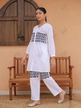 Saba Chikankari Cord Set in Cambric cotton - White with Black