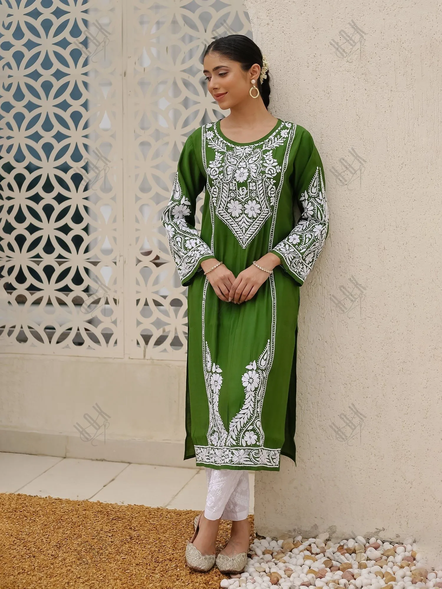 Saba Chikankari Long Kurti in Modal Silk - Green