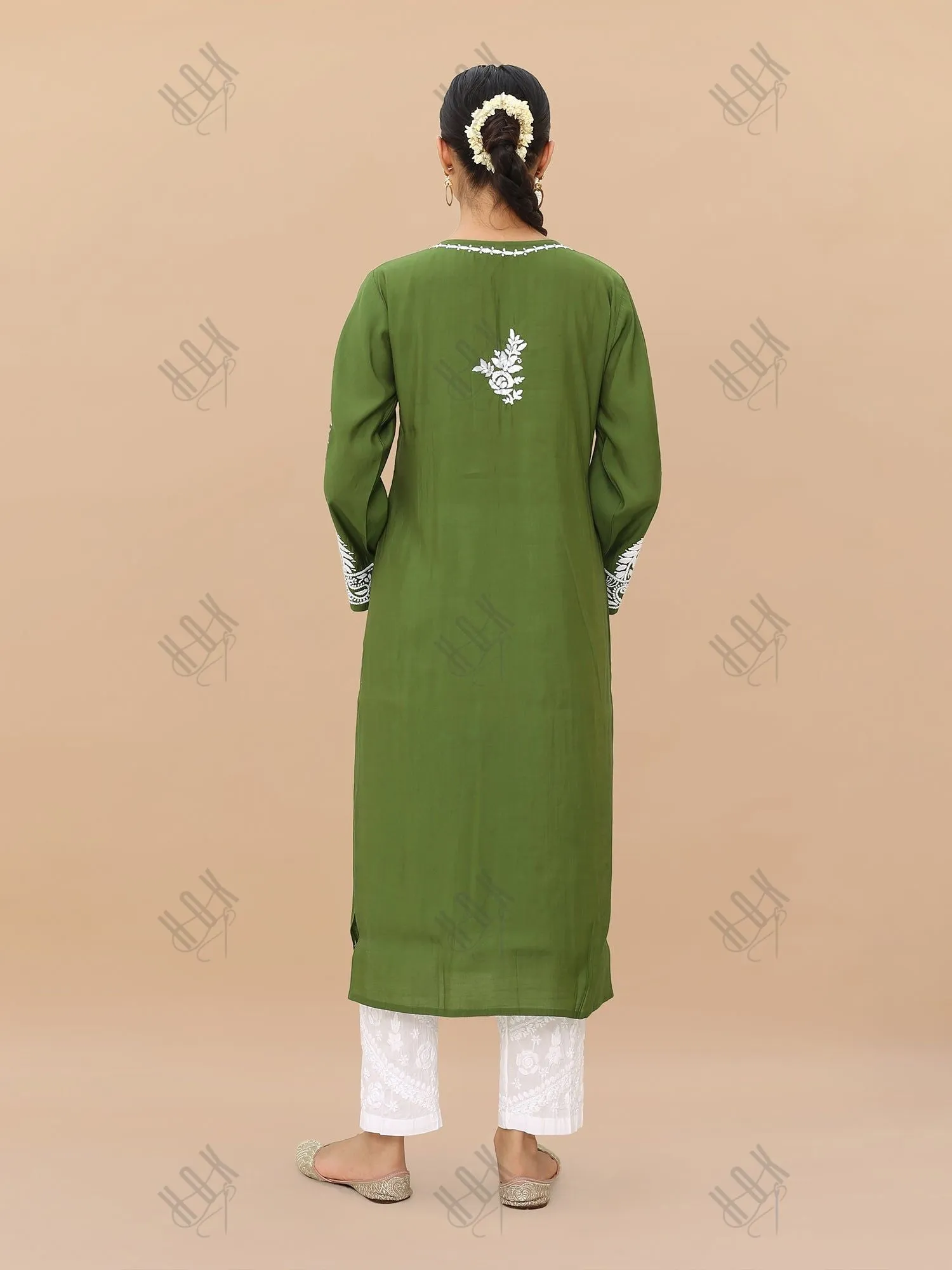 Saba Chikankari Long Kurti in Modal Silk - Green