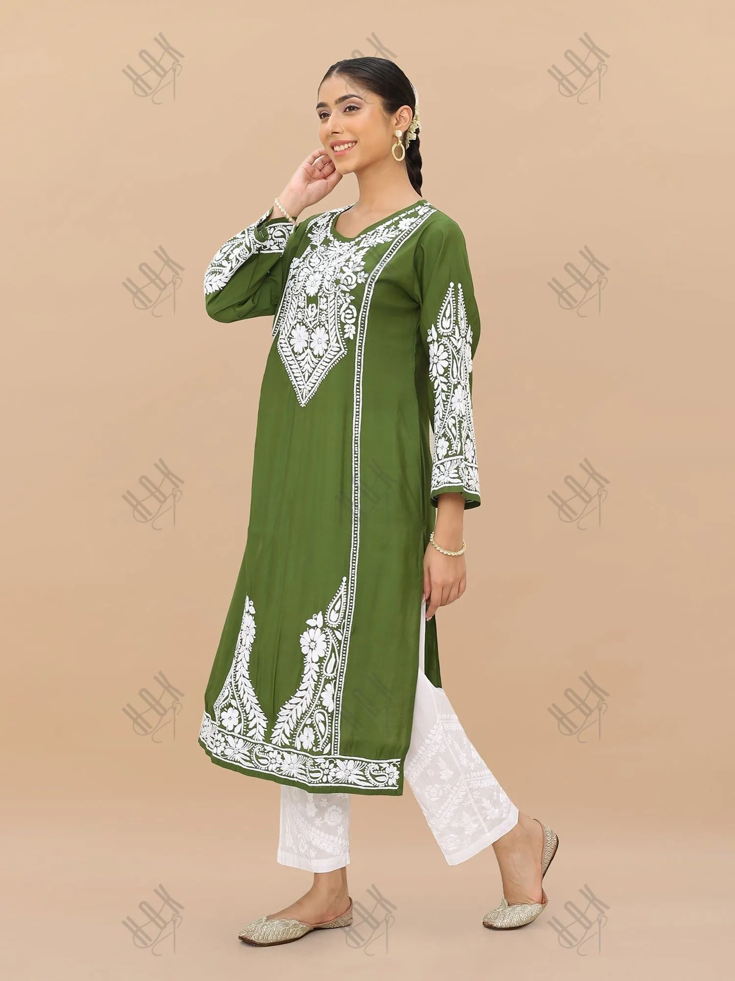 Saba Chikankari Long Kurti in Modal Silk - Green