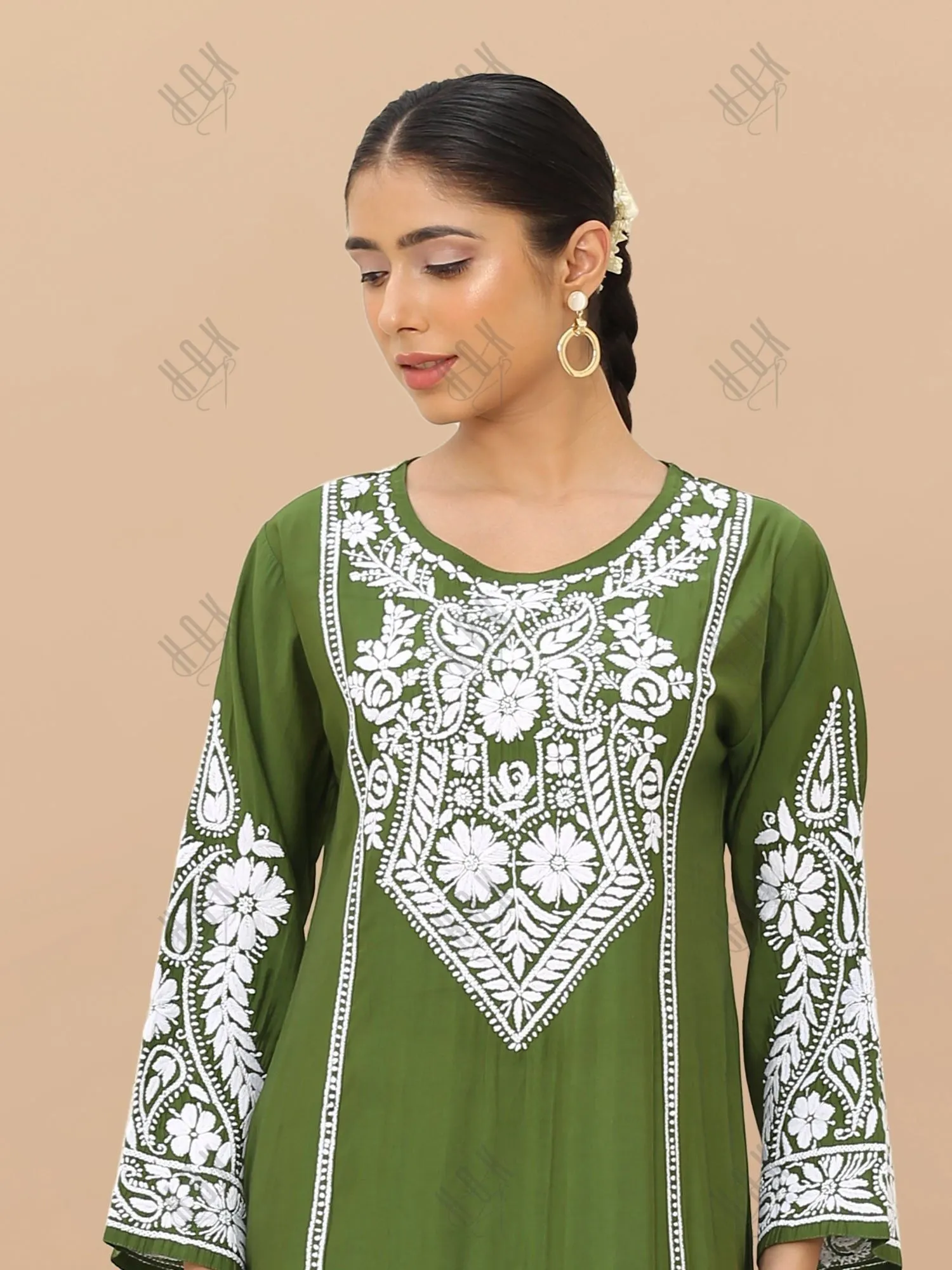 Saba Chikankari Long Kurti in Modal Silk - Green