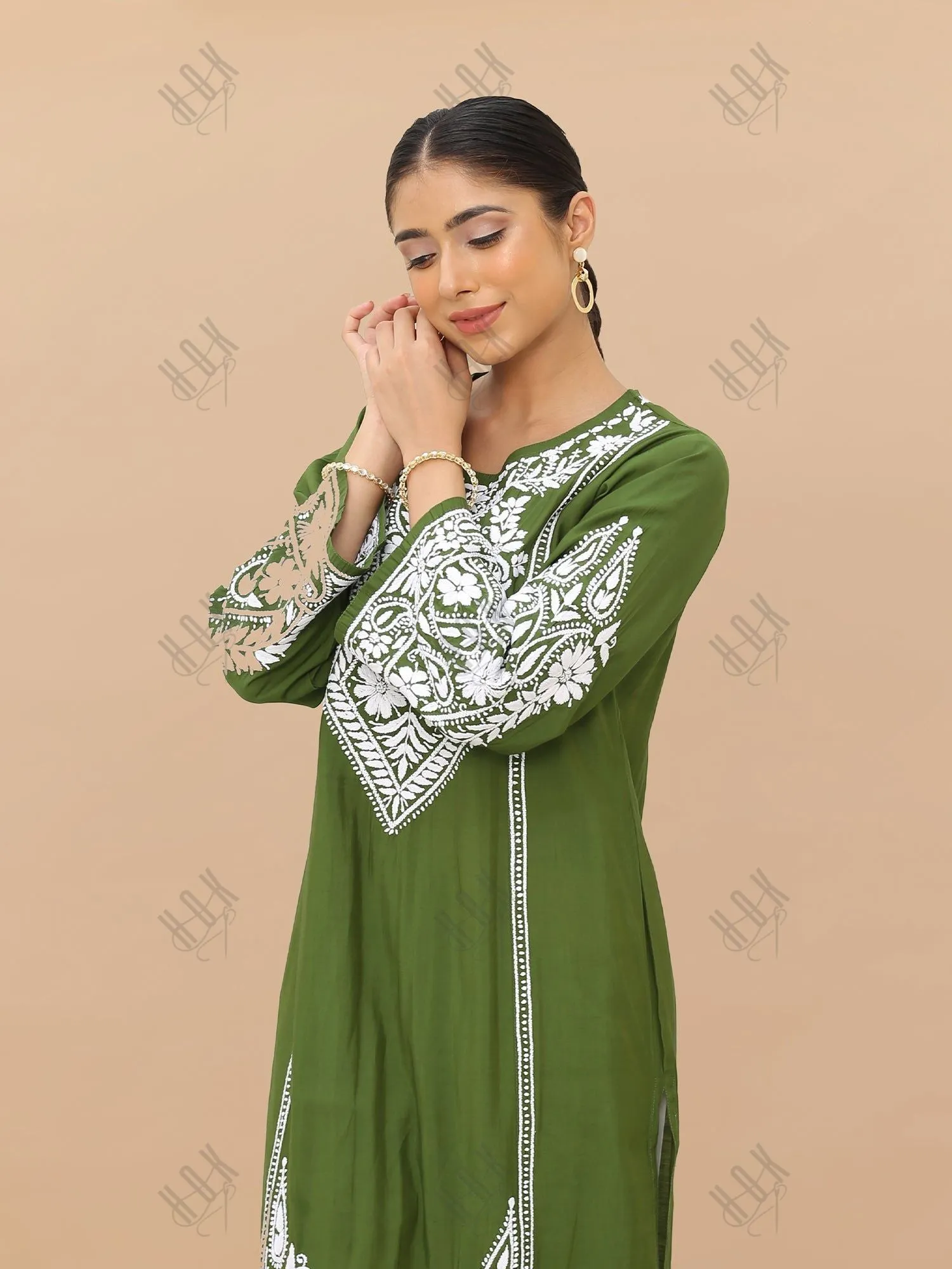 Saba Chikankari Long Kurti in Modal Silk - Green