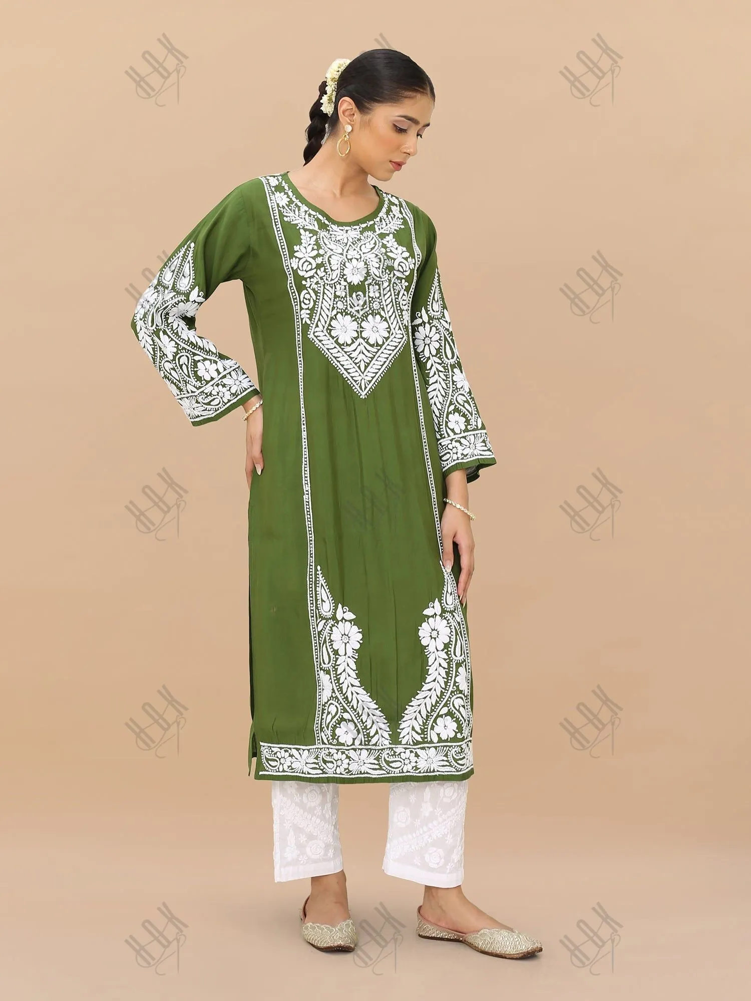 Saba Chikankari Long Kurti in Modal Silk - Green