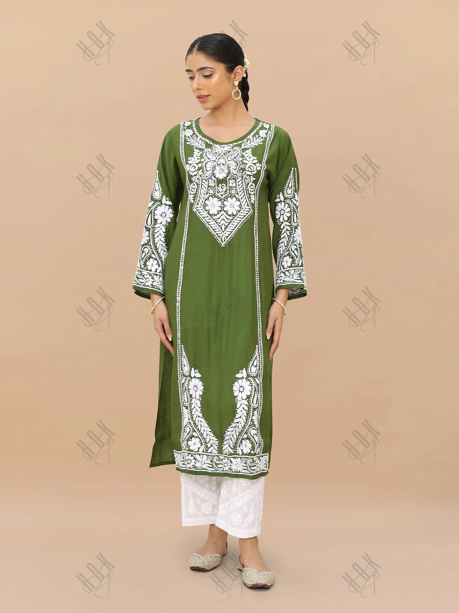 Saba Chikankari Long Kurti in Modal Silk - Green