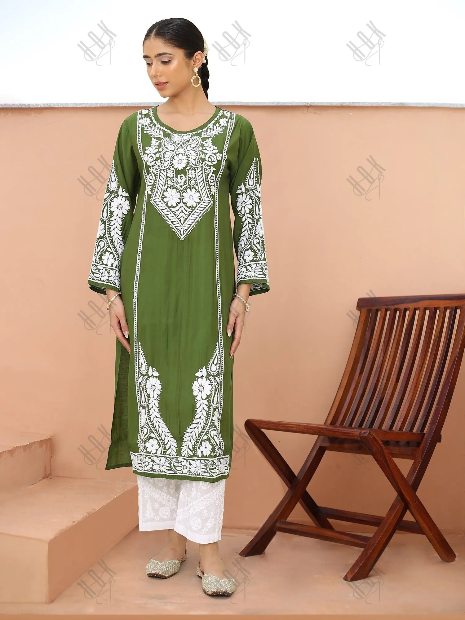 Saba Chikankari Long Kurti in Modal Silk - Green