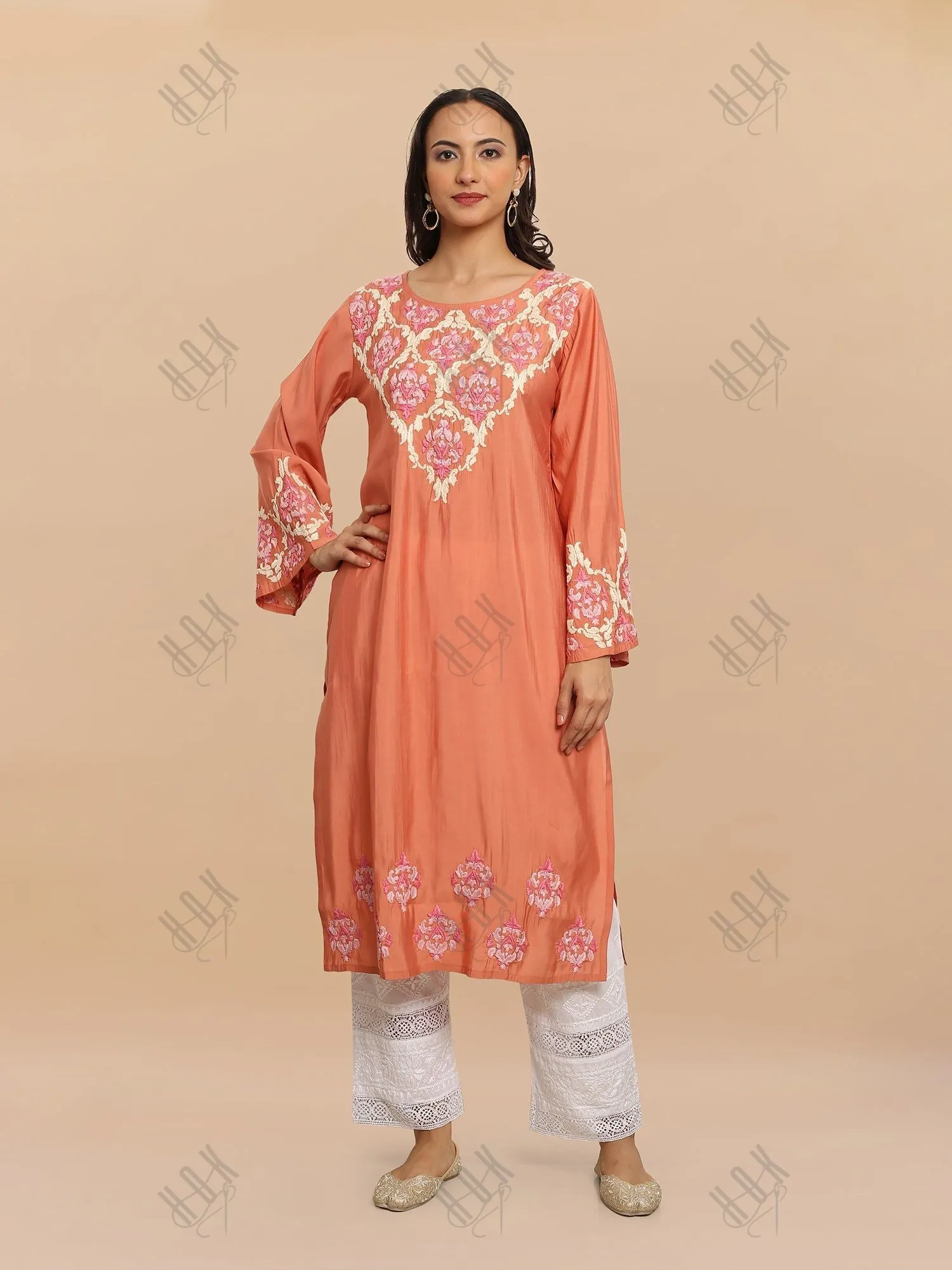 Sakshi in Saba Chikankari Long Kurta in Modal Silk - Peach