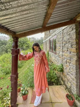 Sakshi in Saba Chikankari Long Kurta in Modal Silk - Peach